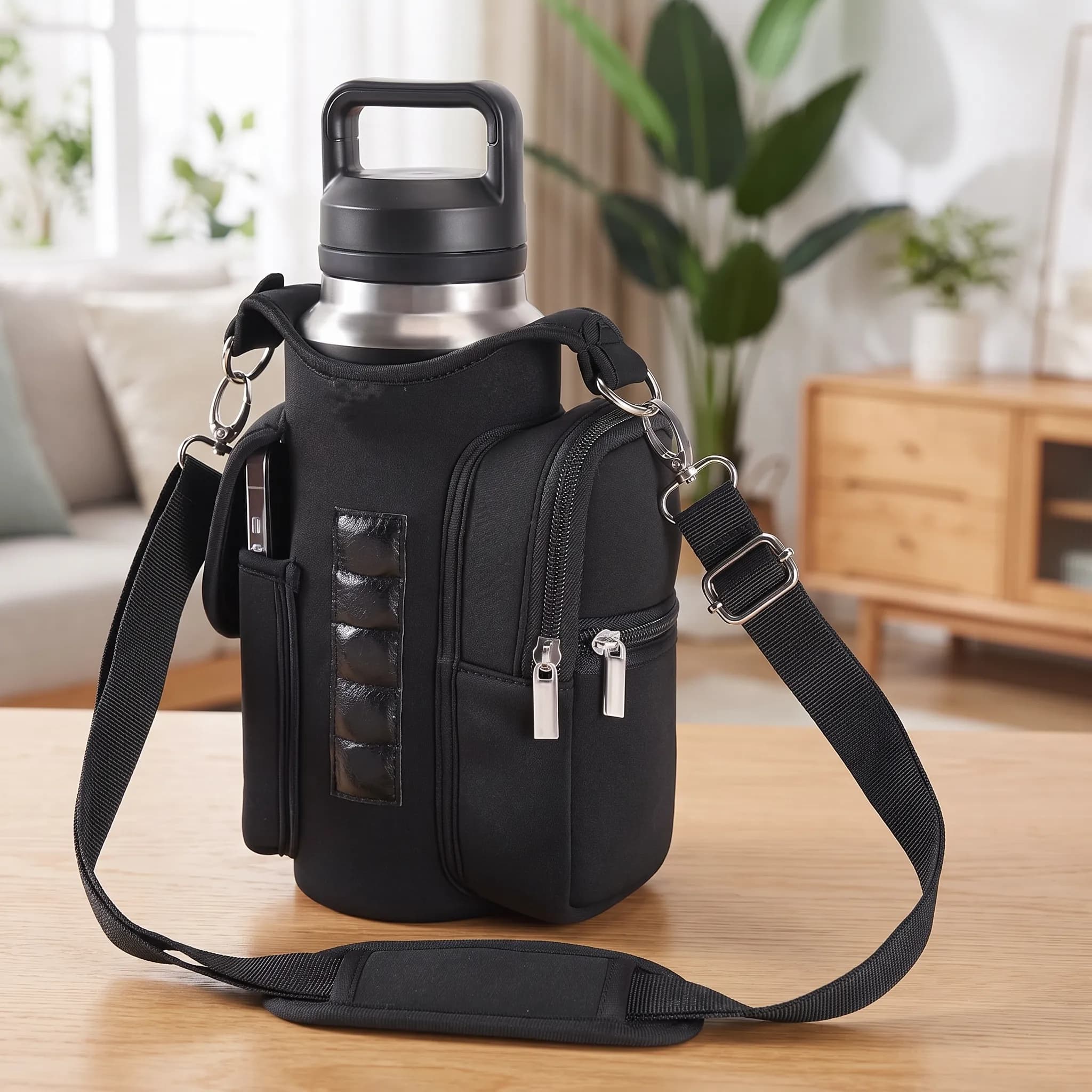 A black insulated bottle bag, shot sharply on a wooden table in daylight