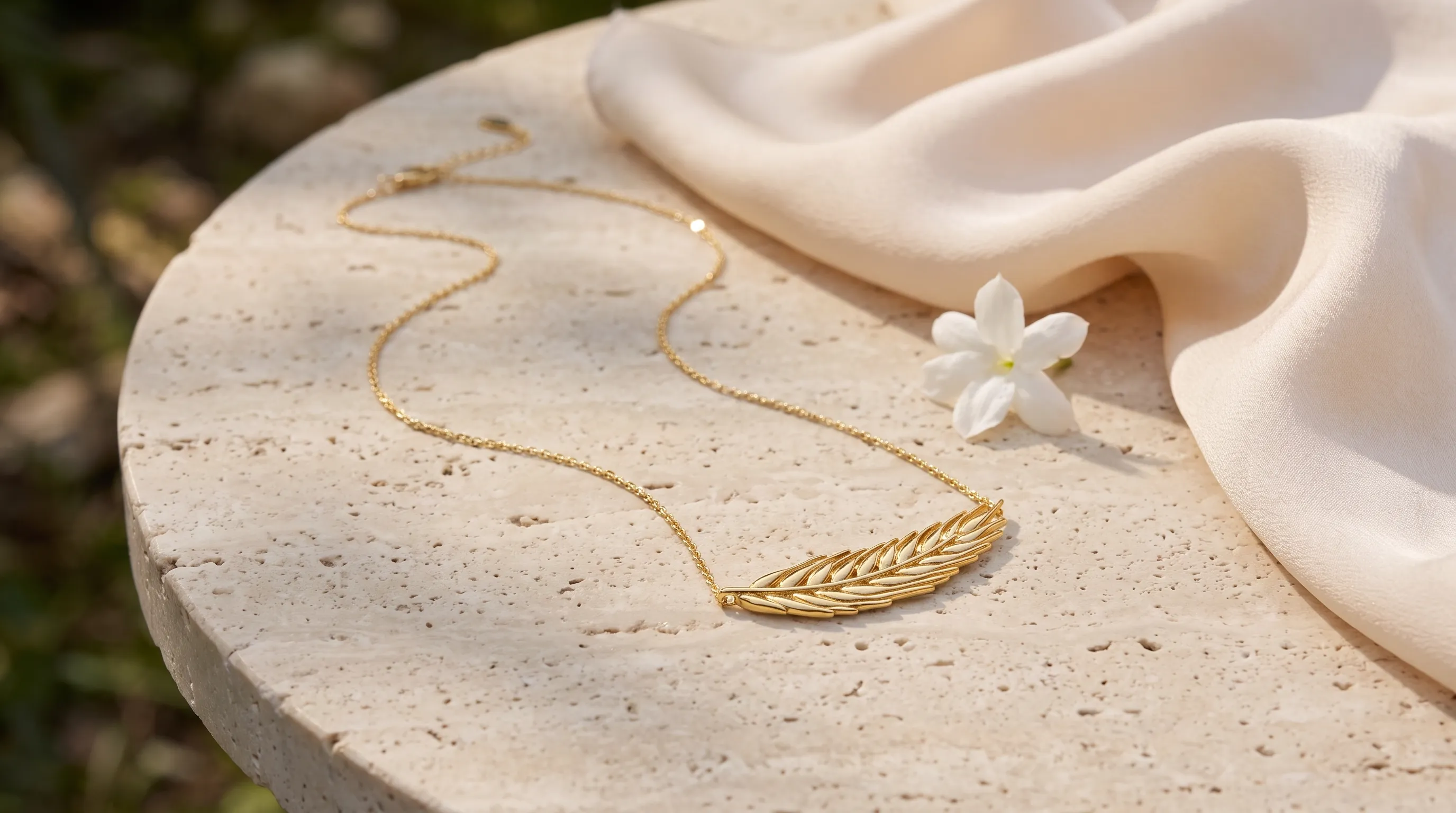 The necklace laid on a travertine plinth with silk fabric and a single flower