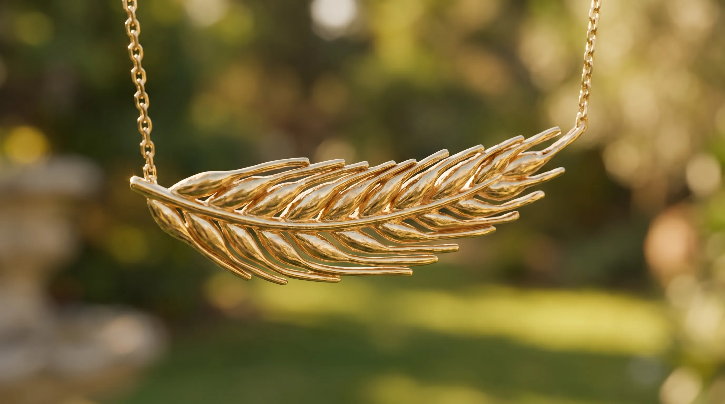 The wheat pendant close up, showing the finish and the metalwork
